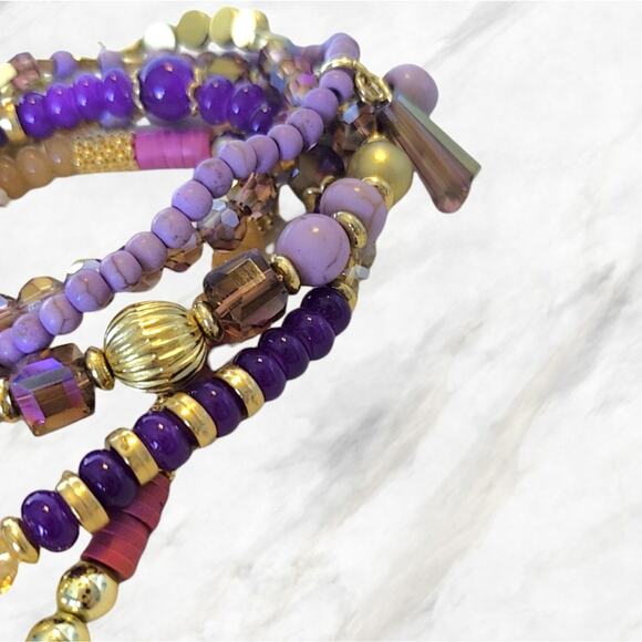Purple Pink and Goldtone Stacking Bracelets Sparkle Stretchy 5 Pc Gem Ta… - Picture 10 of 12